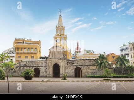 Porta e Torre dell'Orologio - Cartagena de Indias, Colombia Foto Stock