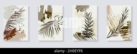 Set trendy di foglie astratte minimaliste e forme astratte. Parete botanica minimale art. Mid Century grafica moderna. Progettazione di opere d'arte per i social media Illustrazione Vettoriale