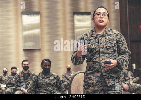 Il 20 febbraio 2021 Brianne Ilaban, del Naval Medical Center Camp Pendleton, CA, ha posto una domanda durante un briefing congiunto su accoglienza, allestimento, movimento e integrazione (JRSOI) all'Omni Hotel di Dallas, Texas. Ilaban ha chiesto informazioni specifiche sulla cura dei pazienti dopo aver ricevuto il vaccino COVID-19 in uno dei tre centri di vaccinazione comunitari previsti nello stato. Il comando del Nord degli Stati Uniti, attraverso l'esercito del Nord degli Stati Uniti, rimane impegnato a fornire il supporto continuo e flessibile del Dipartimento della Difesa all'Agenzia federale di gestione delle emergenze come parte di Foto Stock