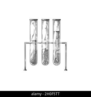 Schizzo di un oggetto di laboratorio chimico. Matracci farmaceutici, becher e provette per analisi. Simbolo di rilevamento e chimica. Illustrazione Vettoriale
