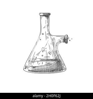 Schizzo di un oggetto di laboratorio chimico. Matracci farmaceutici, becher e provette per analisi. Simbolo di rilevamento e chimica. Illustrazione Vettoriale