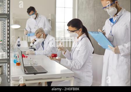 Food scienziato iniettare pomodoro lavorando con i ricercatori gruppo collega in laboratorio Foto Stock