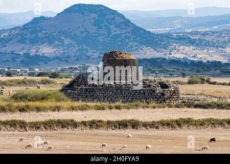 Paesaggio mozzafiato con l'antico nuraghe Santu Antine e alcune pecore al pascolo in primo piano. Foto Stock