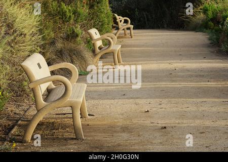 Panchine vuote situate lungo il sentiero in una zona naturale. Foto Stock