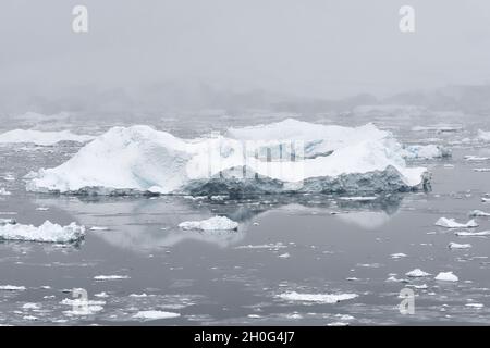 Deriva ghiaccio e iceberg durante la nevicata. Oceano Meridionale, Antartide Foto Stock