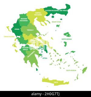 Mappa politica verde della Grecia. Divisioni amministrative - amministrazioni decentrate. Semplice mappa vettoriale piatta con etichette. Illustrazione Vettoriale