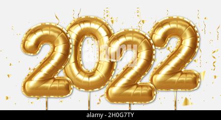 Felice anno nuovo 2022. Banner con palloncini d'oro realistici. Elementi decorativi di design per poster, banner, biglietti d'auguri. Illustrazione vettoriale Illustrazione Vettoriale