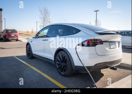 Medicine Hat, Alberta - 8 ottobre 2019: L'auto elettrica Tesla Model X viene addebitata presso una stazione di noleggio dell'hotel. Foto Stock