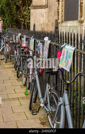 le biciclette degli studenti si sono incatenate in una recinzione nella città universitaria di cambridge. le biciclette del centro di cambridge sono parcheggiate accanto alle ringhiere di ferro all'università. Foto Stock