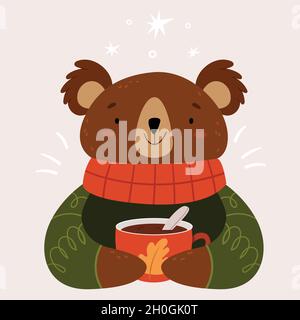 Un orso molto carino con una sciarpa rossa calda e una tazza grande di cacao. Illustrazione Vettoriale