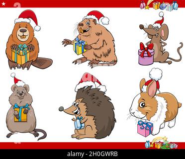 Illustrazione di cartoni animati di personaggi animali sul tempo di Natale impostato Illustrazione Vettoriale