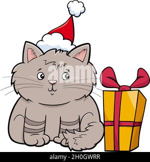 Illustrazione cartoon di gatto o gattino personaggio animale con regalo nel tempo di Natale Illustrazione Vettoriale