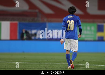 Monza, Italia il 12 ottobre 2021, Emanuel Vignato della U21 Italia durante la partita di calcio del Campionato europeo Under-21 UEFA tra Italia U21 e Svezia U21 all'U-Power Stadium di Monza, Italia il 12 ottobre 2021 Foto Stock