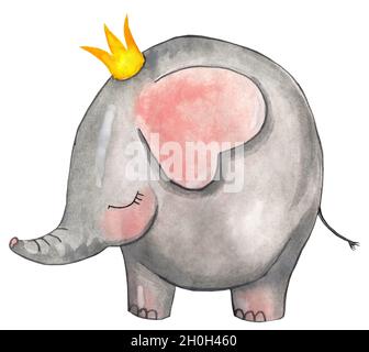 Carino elefante nella corona. Illustrazione per bambini. Disegnata a mano su carta. Isolato su sfondo bianco. Acquerello. Foto Stock