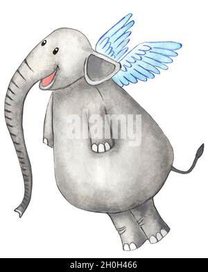 Un elefante gioioso con le ali dietro la schiena e un lungo tronco. Illustrazione dei bambini disegnata a mano. Isolato su sfondo bianco. Foto Stock