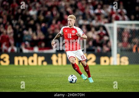 Copenaghen, Danimarca. 12 ottobre 2021. Daniel WASS (18) della Danimarca ha visto durante la Coppa del mondo UEFA tra Danimarca e Austria al Parken di Copenaghen. (Photo credit: Gonzales Photo - Lasse Lagoni). Foto Stock