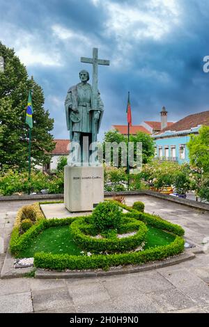 Statua di Pedro Alvares Cabral, lo scopritore del Brasile, Belmonte, villaggio storico intorno alla Serra da Estrela, distretto di Castelo Branco, Beira Foto Stock