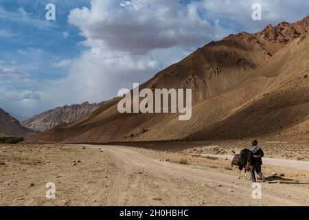 Uomo con il suo cavallo nella valle di, Chehel Burj o Forty Towers fortezza, Yaklawang provincia, Bamyan, Afghanistan Foto Stock