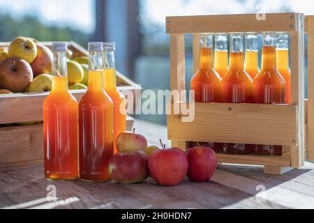 Succo di mela naturalmente nuvoloso, fatto in casa in bottiglia di succo con mele in crata di mela con luce autunnale Foto Stock