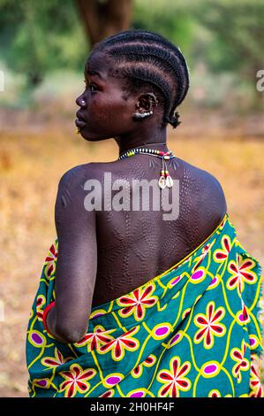 Bambine tradizionali vestite della tribù laarim con cicatrici per il corpo sulla schiena, colline di Boya, Equatoria orientale, Sudan meridionale Foto Stock