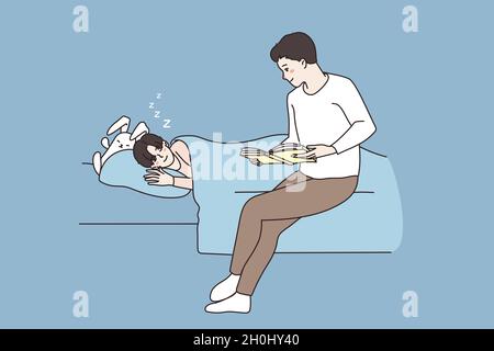 Amorevole libro di lettura del padre per felice figlio teen piccolo che giace nel letto che dorme in serata. Il padre singolo attento ha letto la storia di bedtime al capretto piccolo del ragazzo. Famiglia, concetto di paternità. Illustrazione vettoriale piatta. Illustrazione Vettoriale