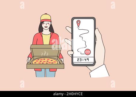 Consegna pizza ragazza corriere in porta, tracking ordine online su smartphone. Ordinare cibo al ristorante utilizzando l'applicazione cellulare. Concetto di deliver, takeaway, fast food. Illustrazione vettoriale. Illustrazione Vettoriale