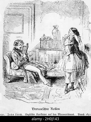 'Cartoon dell'illustratore John Leech nella rivista inglese ''Punch'' sul Bloomerismo: ''ruoli invertiti''. [traduzione automatizzata]' Foto Stock