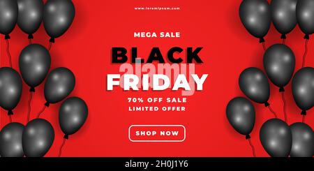 black friday mega vendita banner con palloncini neri Illustrazione Vettoriale