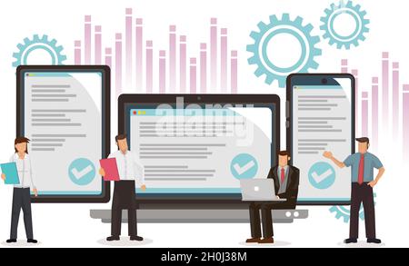 Gli uomini d'affari stanno lavorando alla creazione di un sito web, alle applicazioni, al trasferimento di informazioni. Concetto di progettazione di pagine web, sviluppo di siti web mobili Illustrazione Vettoriale