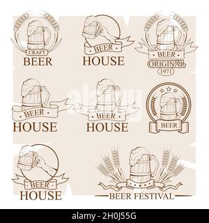 tazza di birra, logo della birra, emblema alcolico, vari logo della bevanda rinfrescante, set di birra fresca con schiuma, vendita festival, bevanda tradizionale bavarese, Illustrazione Vettoriale