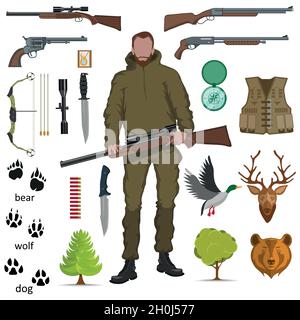 cacciatore con fucile in mano, logo cacciatore, sport, fucile e proiettili vari sport, set di attrezzatura cacciatore, tracce di animali, set di diverso Illustrazione Vettoriale