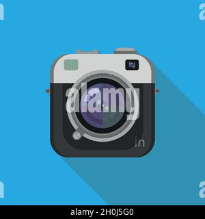 logo della fotocamera, logo della foto, utilizzabile per l'interfaccia utente, emblema per registrare video e foto, icona della fotocamera con una lunga ombra, design piatto, vettore gr Illustrazione Vettoriale