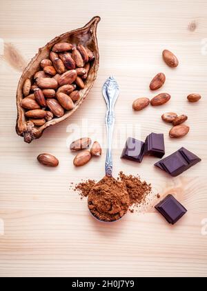 Marrone cioccolato in polvere in cucchiaio , Arrosto di cacao in grani di cacao secco pod di frutta e cioccolato fondente setup su sfondo di legno. Foto Stock