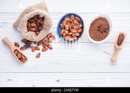 Cacao in polvere e chicchi di cacao su sfondo di legno. Cioccolato fondente pezzi frantumato e erbe aromatiche . Foto Stock