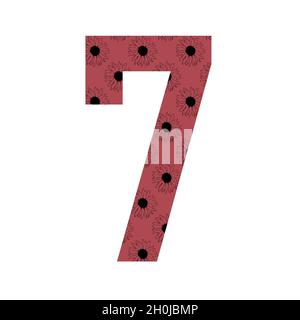 numero 7 dell'alfabeto realizzato con un motivo di girasoli con sfondo rosa scuro, isolato su sfondo bianco Foto Stock