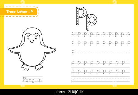 Tracciare la lettera P maiuscola e minuscola. Foglio di lavoro di pratica di calcolo dell'alfabeto per i bambini che imparano l'inglese con animale carino dei cartoni animati. Boo da colorare Illustrazione Vettoriale