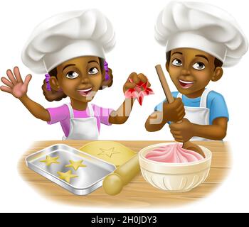 Black Girl e Boy Cartoon Chef Chef Bambino Cook Kids Illustrazione Vettoriale