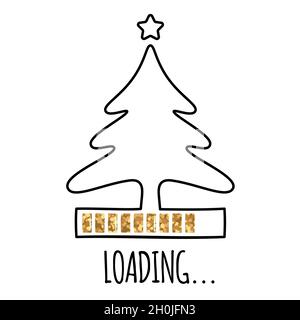 Albero di Natale linea con stella e barra di caricamento dorato. Stile di disegno a linea continua. Illustrazione Vettoriale