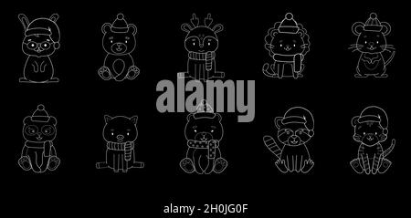 set di carino gesso contorno animali di natale Illustrazione Vettoriale