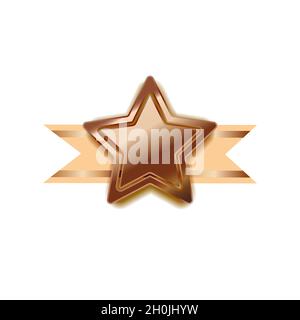 Premio in bronzo brillante a forma di stella con nastro beige, distintivo lucido vincitore su bianco Illustrazione Vettoriale