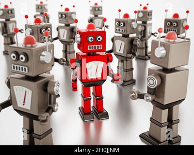 Red vintage robot si distingue tra i robot grigio standard. Illustrazione 3D. Foto Stock