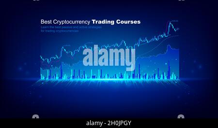 I grafici olografici e le statistiche del mercato azionario guadagnano i profitti. Borsa e borsa cartellone candeliere. Concetto di criptovaluta della pianificazione della crescita Illustrazione Vettoriale