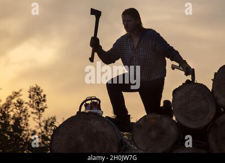 Forte lumberjack che oscilla con l'ascia sopra il tronco di legno nella foresta al tramonto Foto Stock