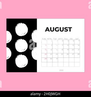 Modello di disegno del calendario 2022, layout dell'anno agosto 2022, disegno di calendario orizzontale, Illustrazione Vettoriale