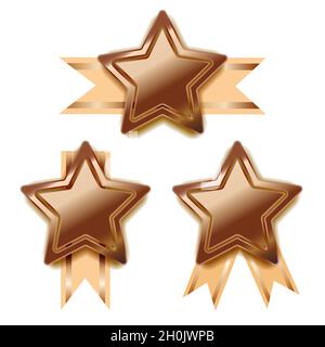 Serie di premi in bronzo brillante a forma di stella con nastro beige, badge vincenti lucidi su bianco Illustrazione Vettoriale