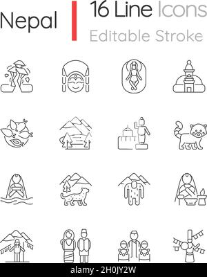 Nepal patrimonio culturale icone lineari set Illustrazione Vettoriale