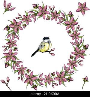 isolato pianta circolare corona di fiori ed erbe Illustrazione Vettoriale