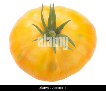 Marzapane Gold Heirloom pomodoro, giallo w rosso striature (Solanum lycopersicum frutta), isolato, vista dall'alto Foto Stock
