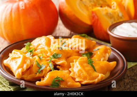 Gnocchi di zucca vegetariani cotti serviti con panna acida in primo piano su un piatto sul tavolo. Orizzontale Foto Stock