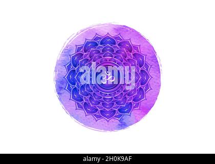 Settimo modello di logo chakra Sahasrara. Corona chakra simbolo, acquerello viola loto segno sacrale meditazione, yoga rotondo mandala icona, simbolo Om segno Illustrazione Vettoriale